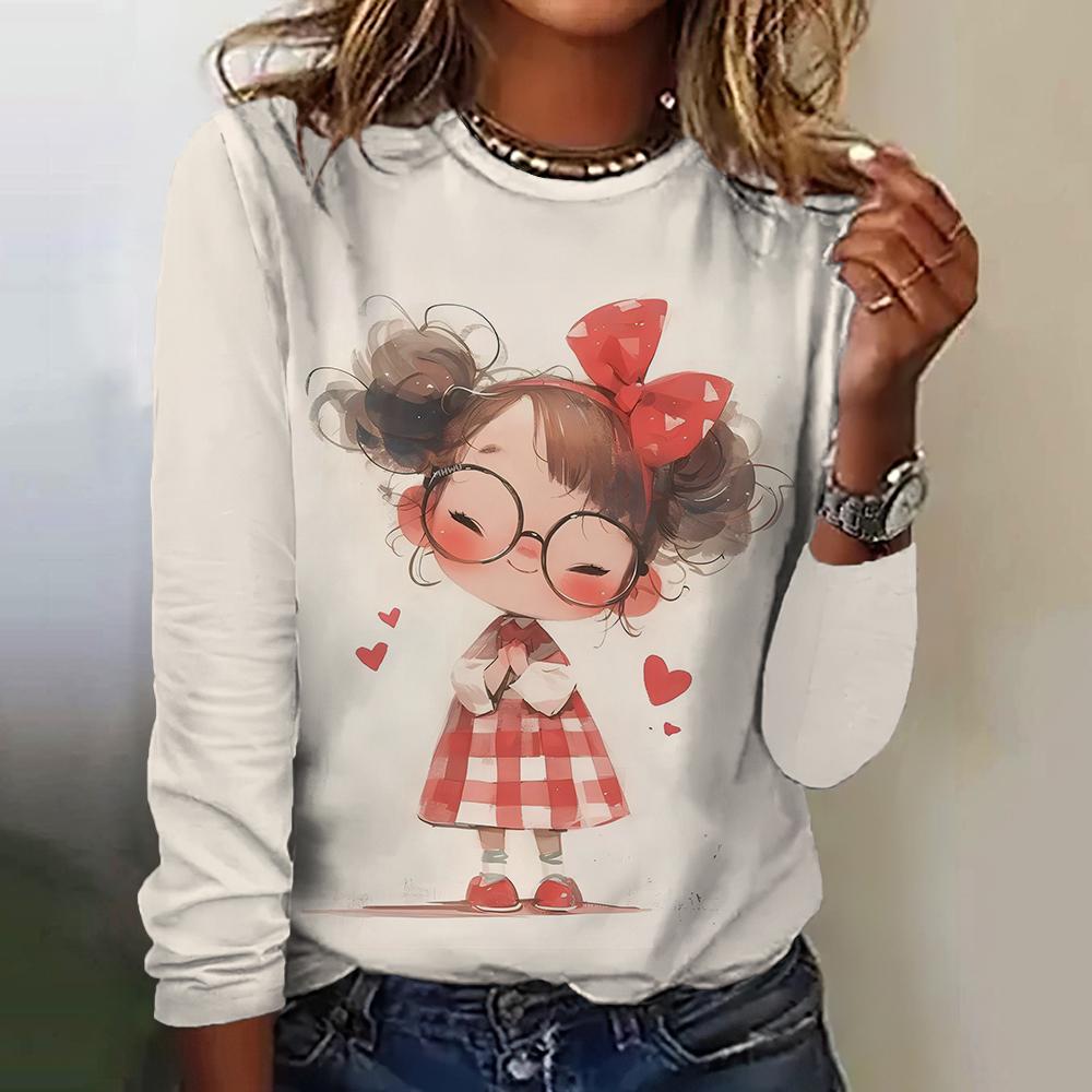 Women's T-Shirt Top Long Sleeved Pullover Fashion Little Girl Print Street Round-Neck Tee Shirt Female Everyday Loose Clothing