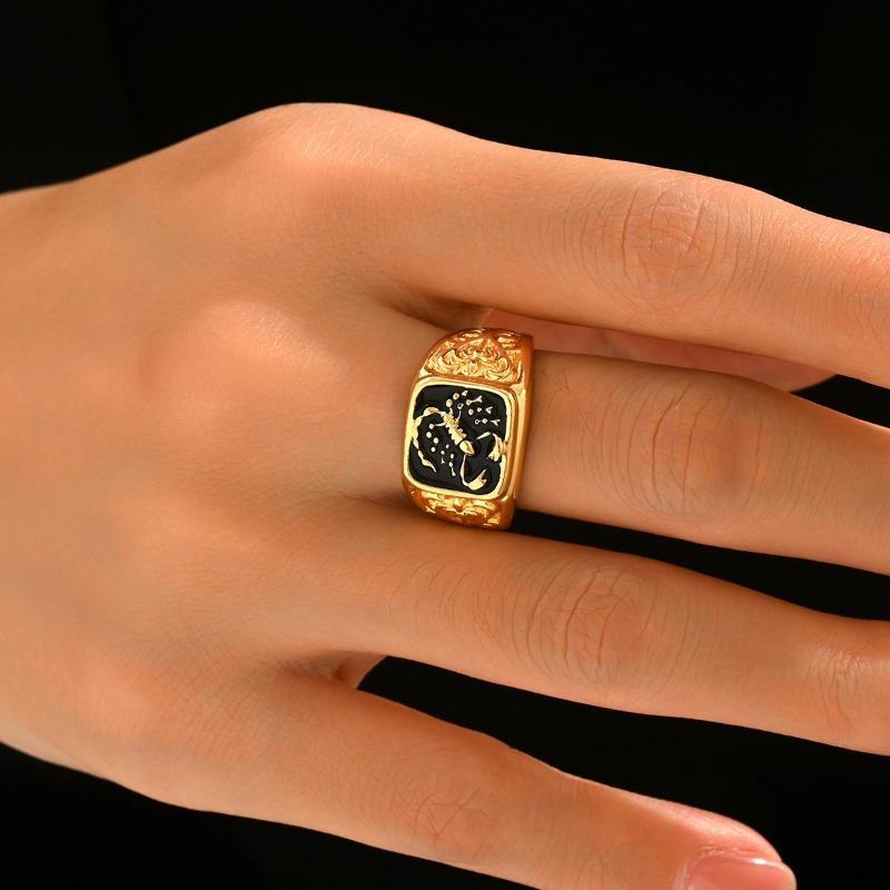 Vintage Scorpion Totem Gold Ring for Men Retro Enamel Inlay Biker Ring with Carved Pattern Stainless Steel Mens Statement Ring F