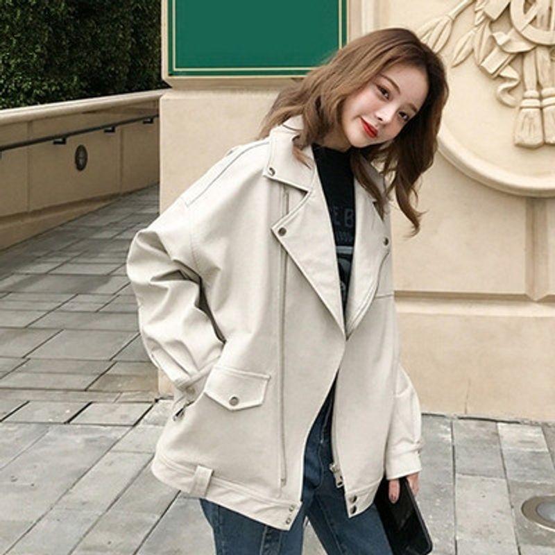 

Осенняя женская куртка из искусственной кожи, пальто из полиуретана, свободная верхняя одежда Beige White L