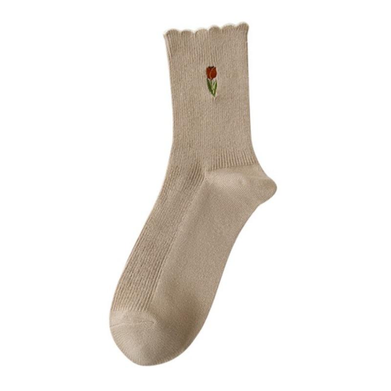 3 Pairs of Women's Socks Set Spring and Summer Thin Breathable Ruffle Edge Socks All Cotton Cute Women's White Printed Socks