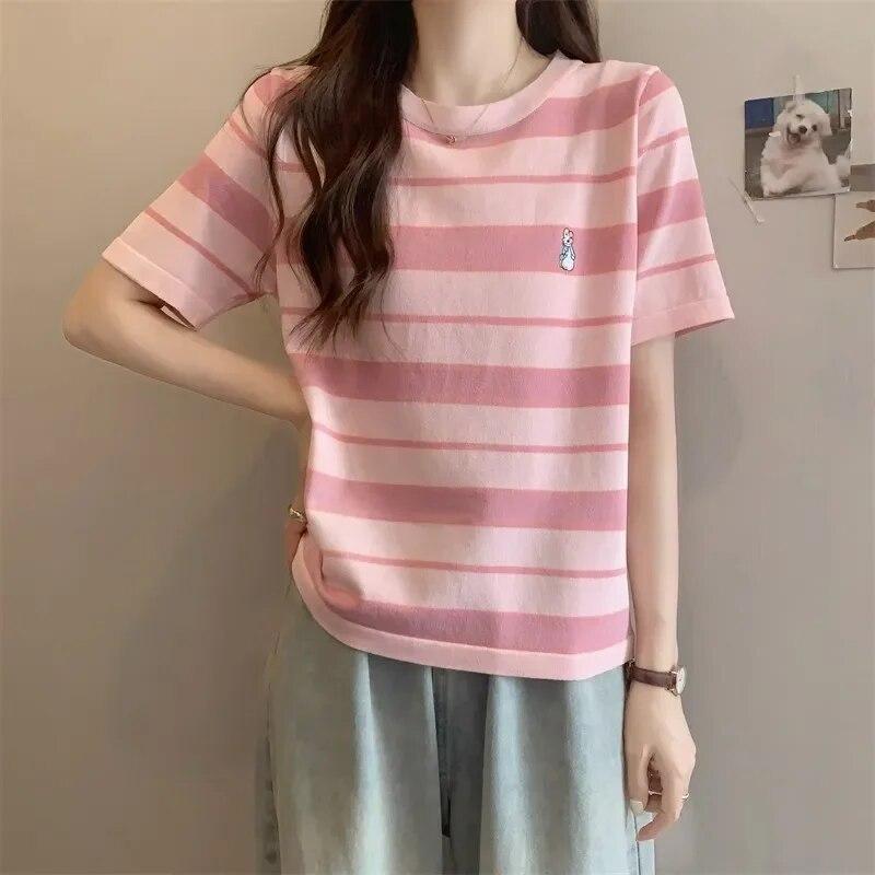 Vară fată tânără dungi desen animat broderie Pulovere Tricou coreean Femei Casual larg Mânecă Scurtă student Tricouri y2k top Streetwear Feminin