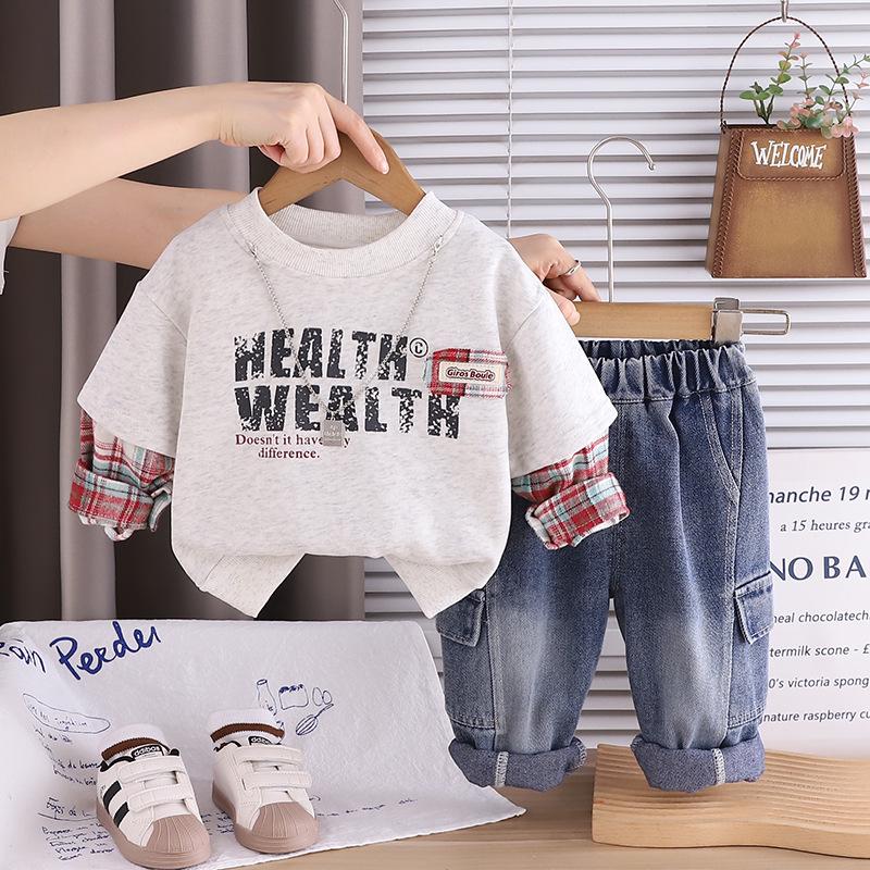 Kids  Patchwork Sleeve Hoodie Set – Korean Style, Long Sleeve, for Spring & Autumn. 90cm—M белый