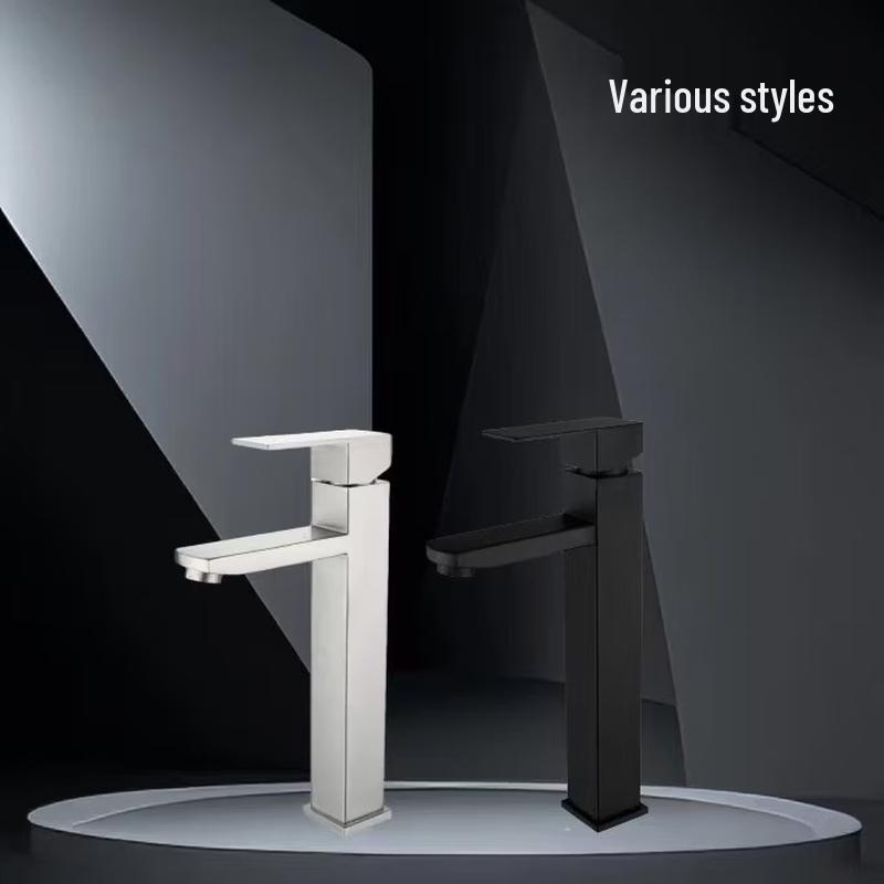 Black Stainless Steel Square Tall Single-Hole Basin Mixer Faucet