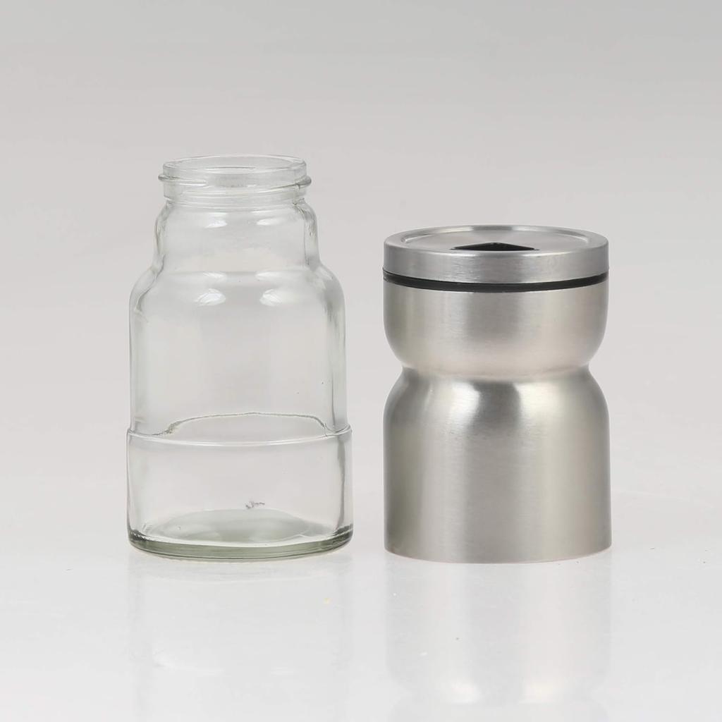 Salt and Pepper Shaker - with adjustable pour holes dispenser lids. Stainless Steel with Glass bottoms 2-Piece Set. (Stainless steel)