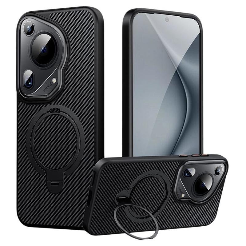 

For Huawei Pura 70 Ultra Magnetic Case Carbon Fiber Texture PC+TPU Phone Cover with Kickstand Black