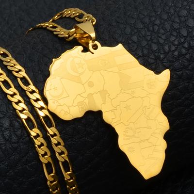 Anniyo Africa Map Wth Country Flags Pendant Necklaces for Men Women Unisex,Gold Plated Congo Ghana Nigeria Jewelry #035321