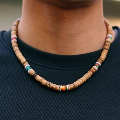 Fashion Mens Necklace Natural Coconut Husk Wooden Collar 19 Inches Choker Colar Tiger Eyes Howlite Stone Collana Gift For Him