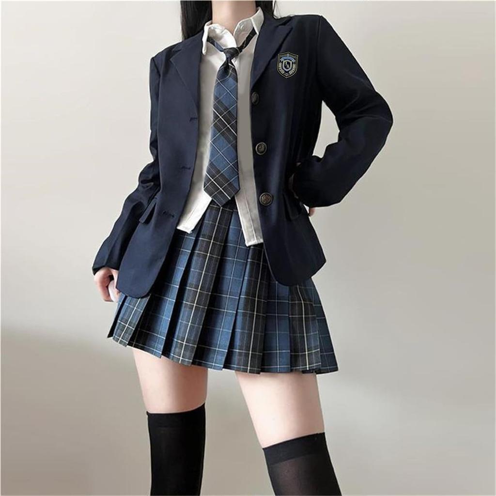 Sivrusn High School Girl Cosplay Uniform Checkered and Perfect for Graduations and Entrance Size 5-Piece Set Blazer, Skirt, Tie, Shirt, Badge.
