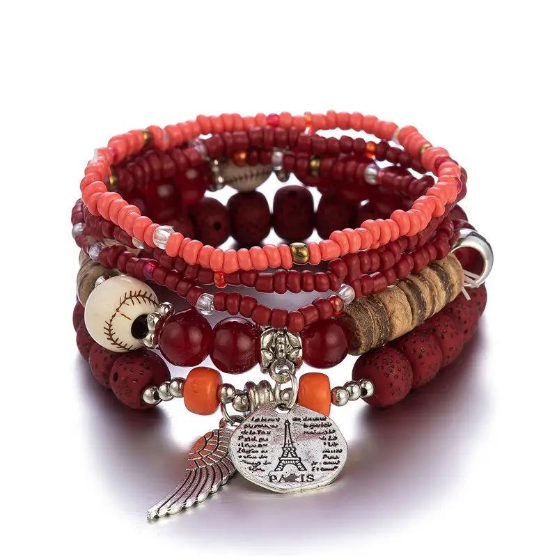 5Pcs Bohemian Colorful Rice Beads Bracelet Set For Women Eiffel Tower Wing Charm Elastic Bracelet Female Summer Vacation Jewelry
