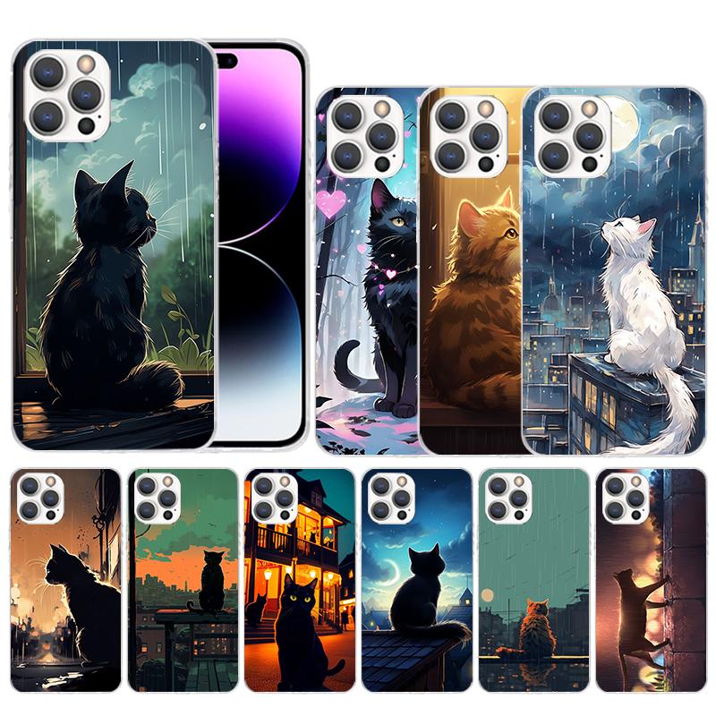 Anime Cat Rain Animal Soft Cover for iPhone 16 17 Air 15 14 Pro Max 16E Phone Case 13 Mini 12 11 7 SE 8 Print Pattern Fit Cases