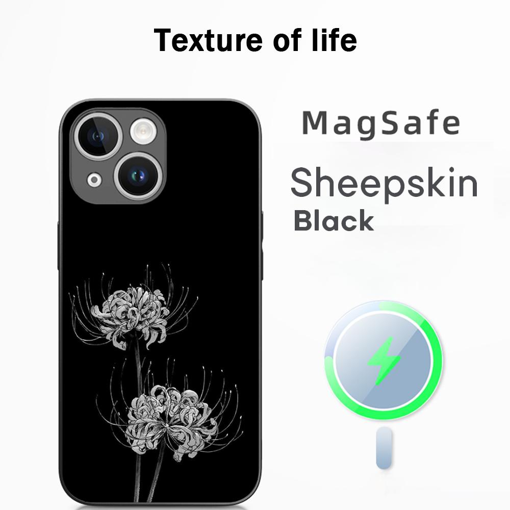 Japan art red spider lily pattern Phone Case For iPhone 17 16 15 14 13 12 Plus Pro Max  High-end Luxury Magsafe Sheepskin