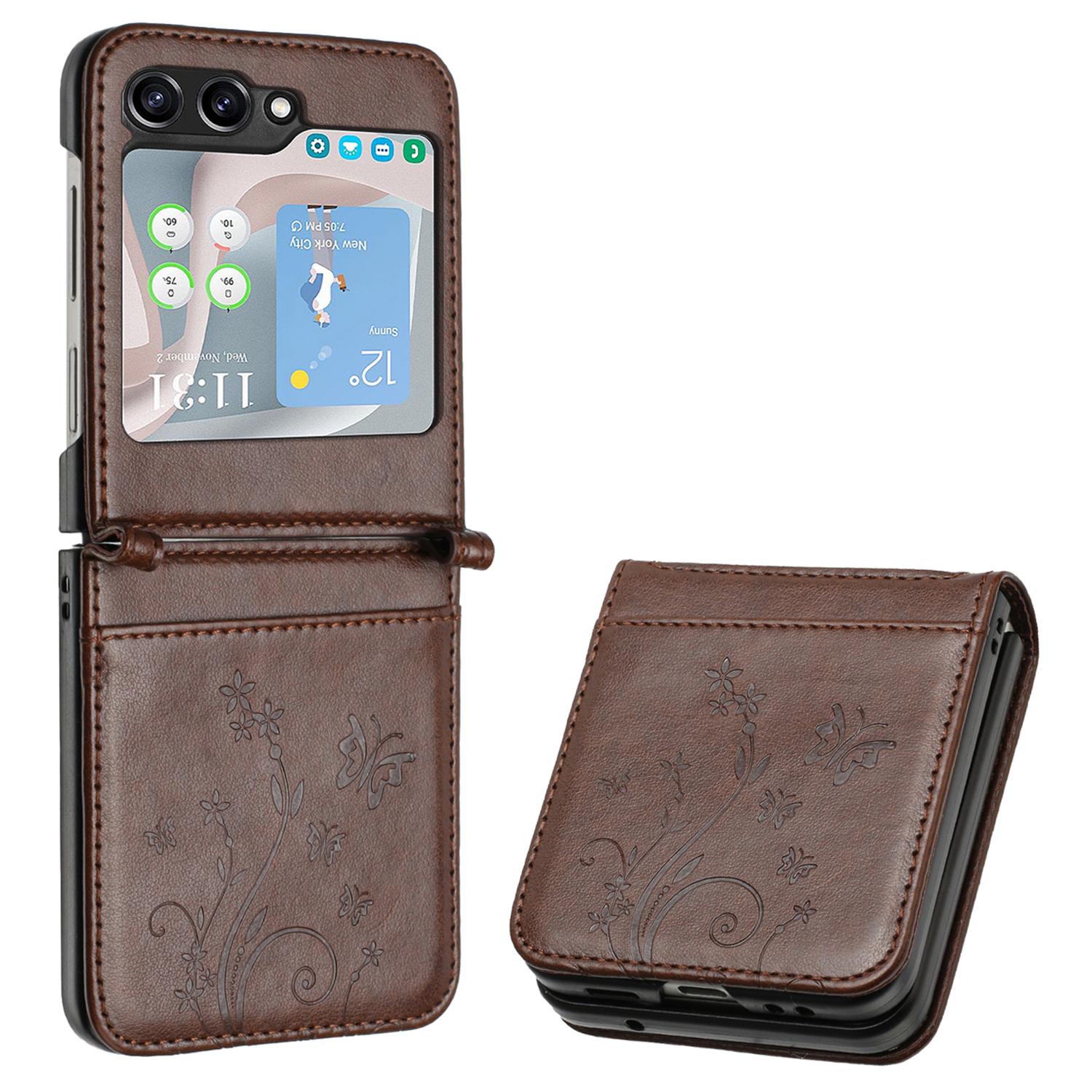

For Samsung Galaxy Z Flip5 5G Phone Case Imprinted Butterflies PU Leather Coated PC Cover Brown