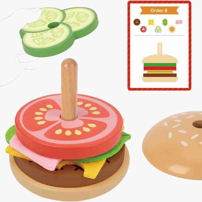 Drewniany hamburger, drewniane zabawki do układania, gra imitująca, zabawka Montessori dla dzieci