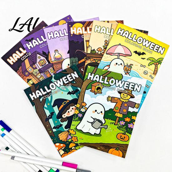 Children Festival Drawing Exercises 8PCS Halloween Cartoon Coloring Book Cute Ghost And Pumpkin Illustrations Thick Art Supplies for Party