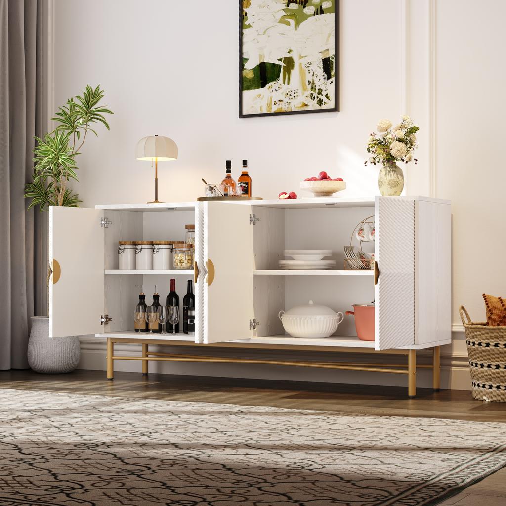 Sideboard with Raised Texture 160cm, with Four Doors, Golden Brushed Handles and High-Gloss Table Legs, White, 160×40×82cm(old sku N657P28156667W)