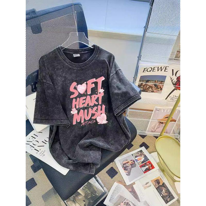 European and American New Fashion Casual Washed Old Loose Cotton T-shirt Top Printed Cotton T-shirt