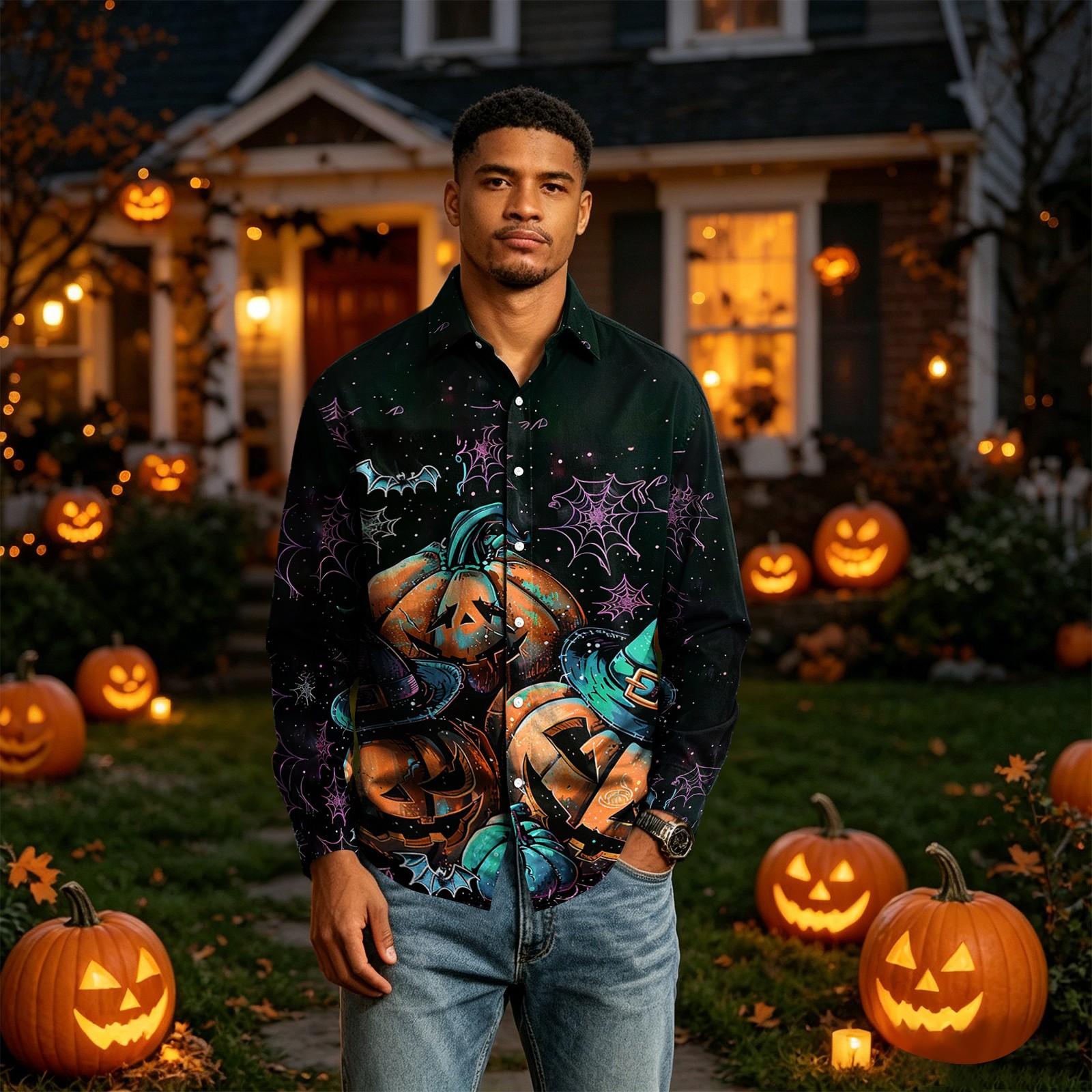 Men s Long Sleeve Halloween Printed Button Down Shirt M