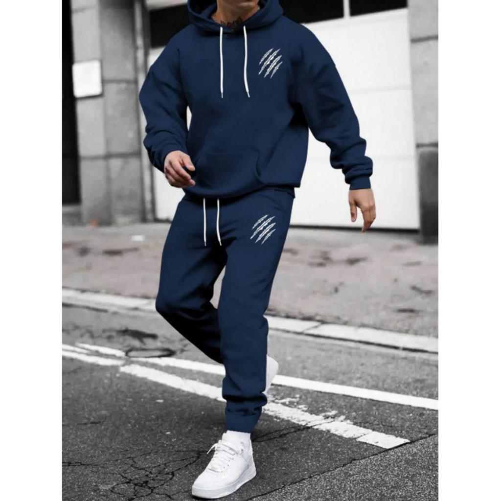Men's Casual Solid Color -printed Sweatshirt Set, Men's Fleece Hooded Drawstring Sweatshirt And Sweatpants Two-piece Set