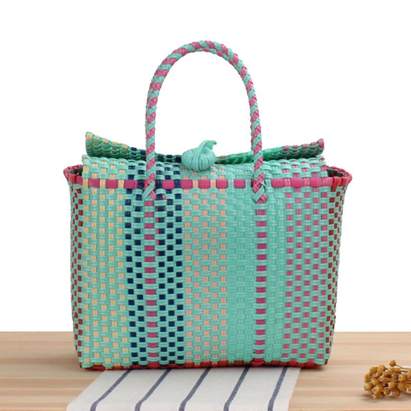 

Сумка-тоут ручной работы с цветными блоками, плетеная, для пляжа, пикника, для женщин