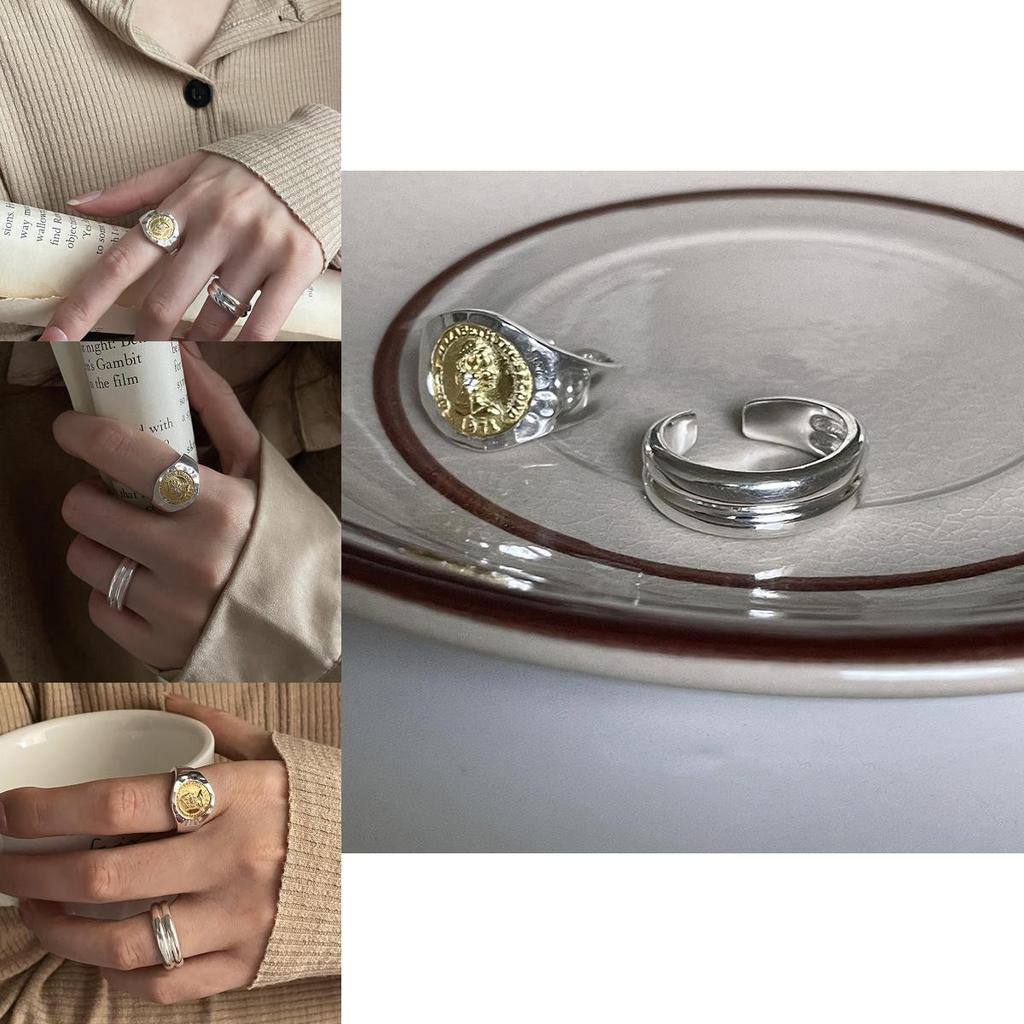 Stylish Adjustable Geometric Ring For Women Featuring Unique Coin Design And Two-tone Colors