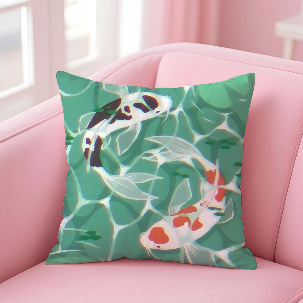 Natural Fun Koi Fish lotus Cushion Cover Pillow Case Soft Skin Friendly Fabric  Concealed Zipper