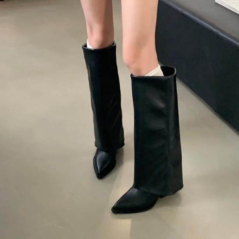 Autumn Fashion Pointed Toe Sewing Designer Knee-High Boots Women Retro Square Low Heels Shoes Comfortable Elegant Platform Boots