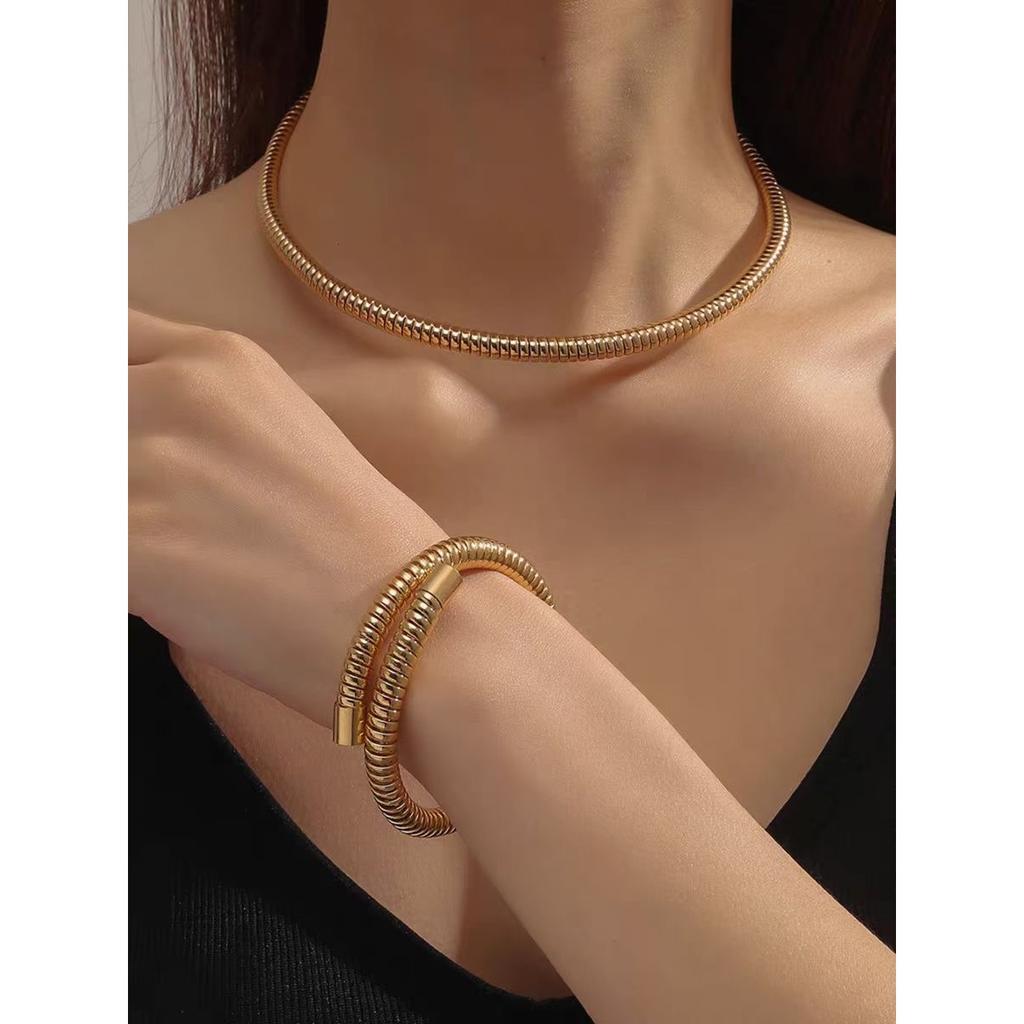 Tooxika Exaggerated Personality Simple Cold Style Round Snake Bone Elastic Collar Necklace Light Luxury Fashion Collarbone Chain