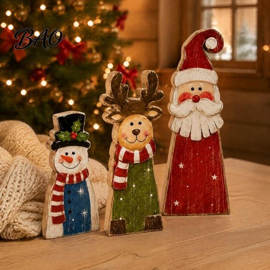 Festive Elk Snowman Figurines Wooden Christmas Tiered Tray Decor, Santa Reindeer Blessing Word Sets for Holiday Tabletop Decorations And Rustic