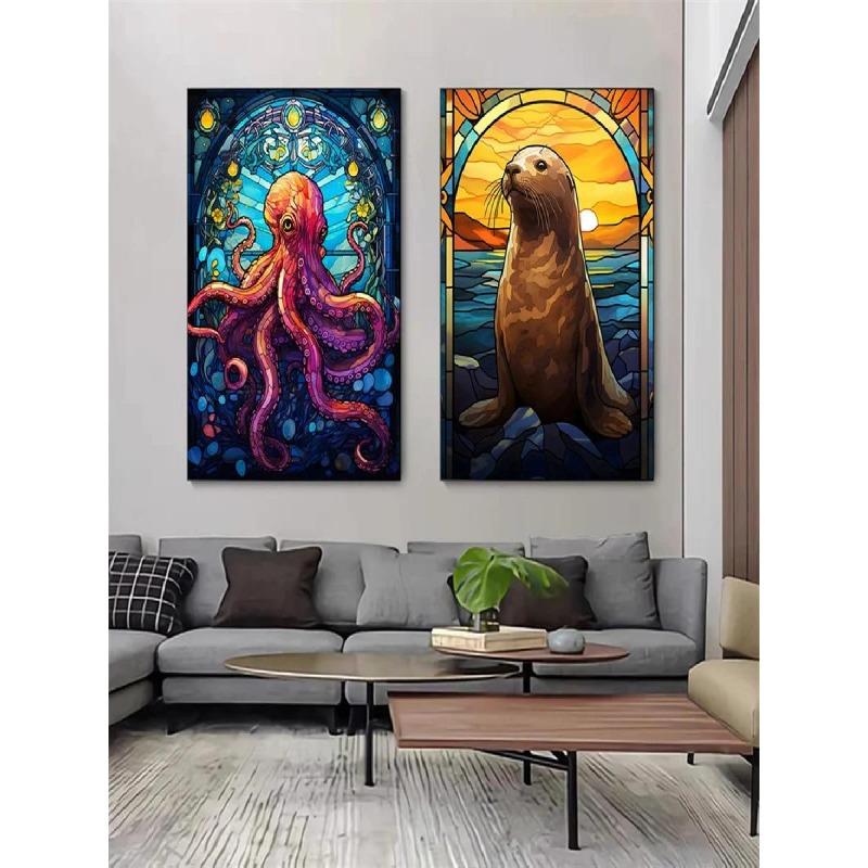 Colorful Sea Life Stained Glass Wall Art Clownfish Sea Turtle Octopus Whale Canvas Posters Abstract Animal Pictures for Home D
