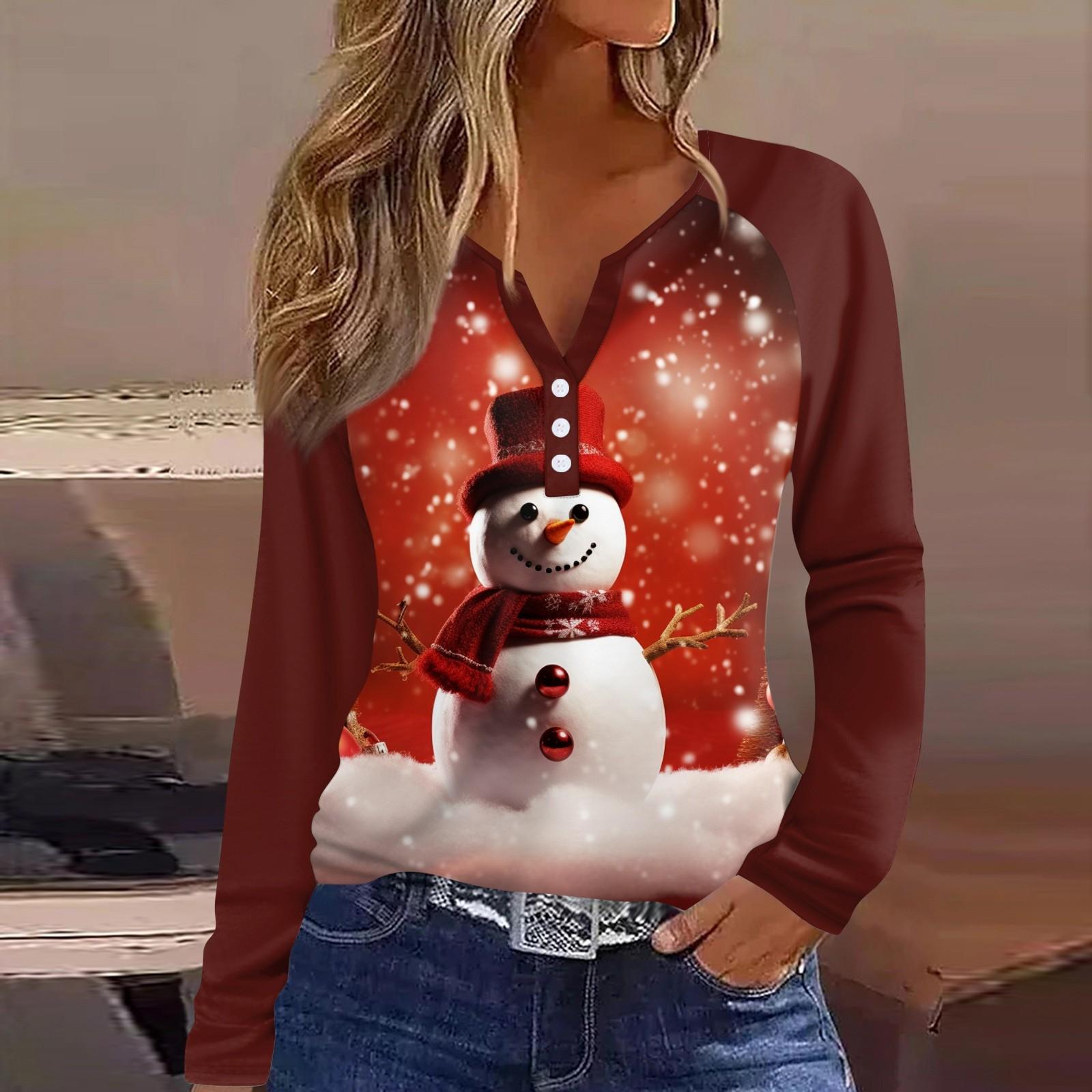 

Женская мода повседневная рождественская печать V-образный вырез рукава реглан с декоративными пуговицами длинный рукав футболка топ XXXL