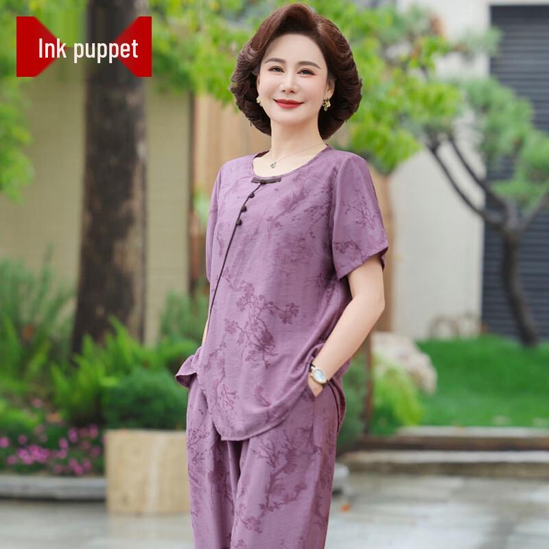Women s Summer Cotton Linen Short Sleeve Two-Piece Set 7XL