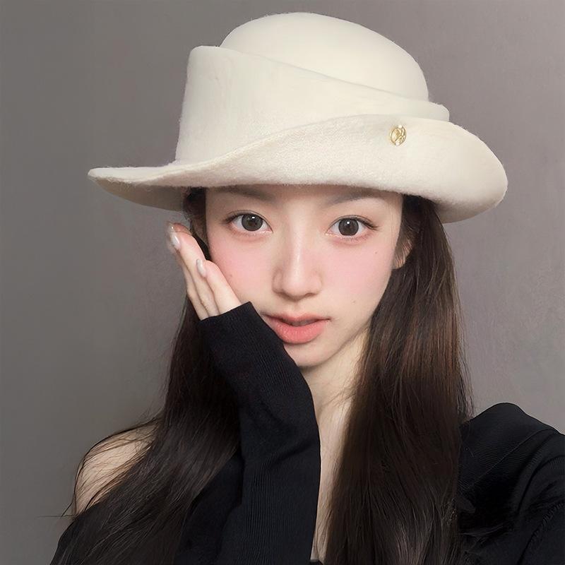 French Hepburn Style Elegant Black Top Hat Women'S Autumn Winter Rolled Edge Woolen Hat Able Fisherman Hat