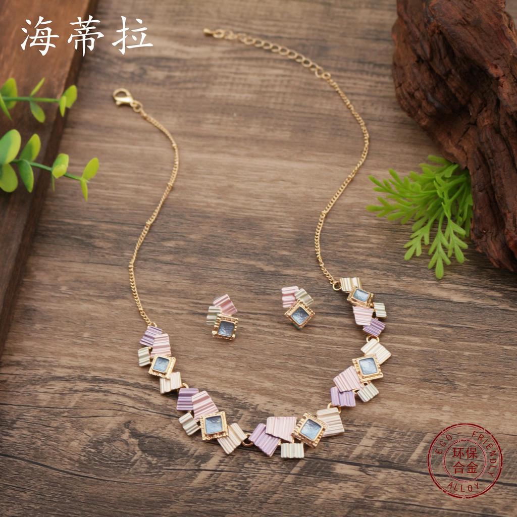 New Color Painting Oil Geometric Square Stud Earrings Necklace Set, Personalized Women's Square Neck Chain