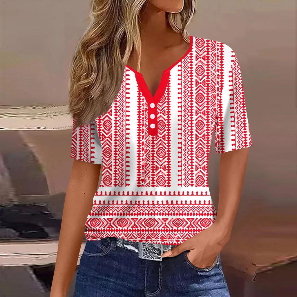 Women's T Shirt Tee Print Button Short Sleeve Daily Weekend Fashion Basic V- Neck Regular Top