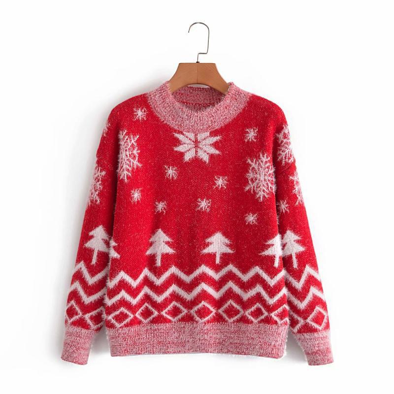 Women's Faux Mink Velvet Snowflake & Tree Sweater - 2021 Autumn/Winter European & American Style, Round Neck Pullover.