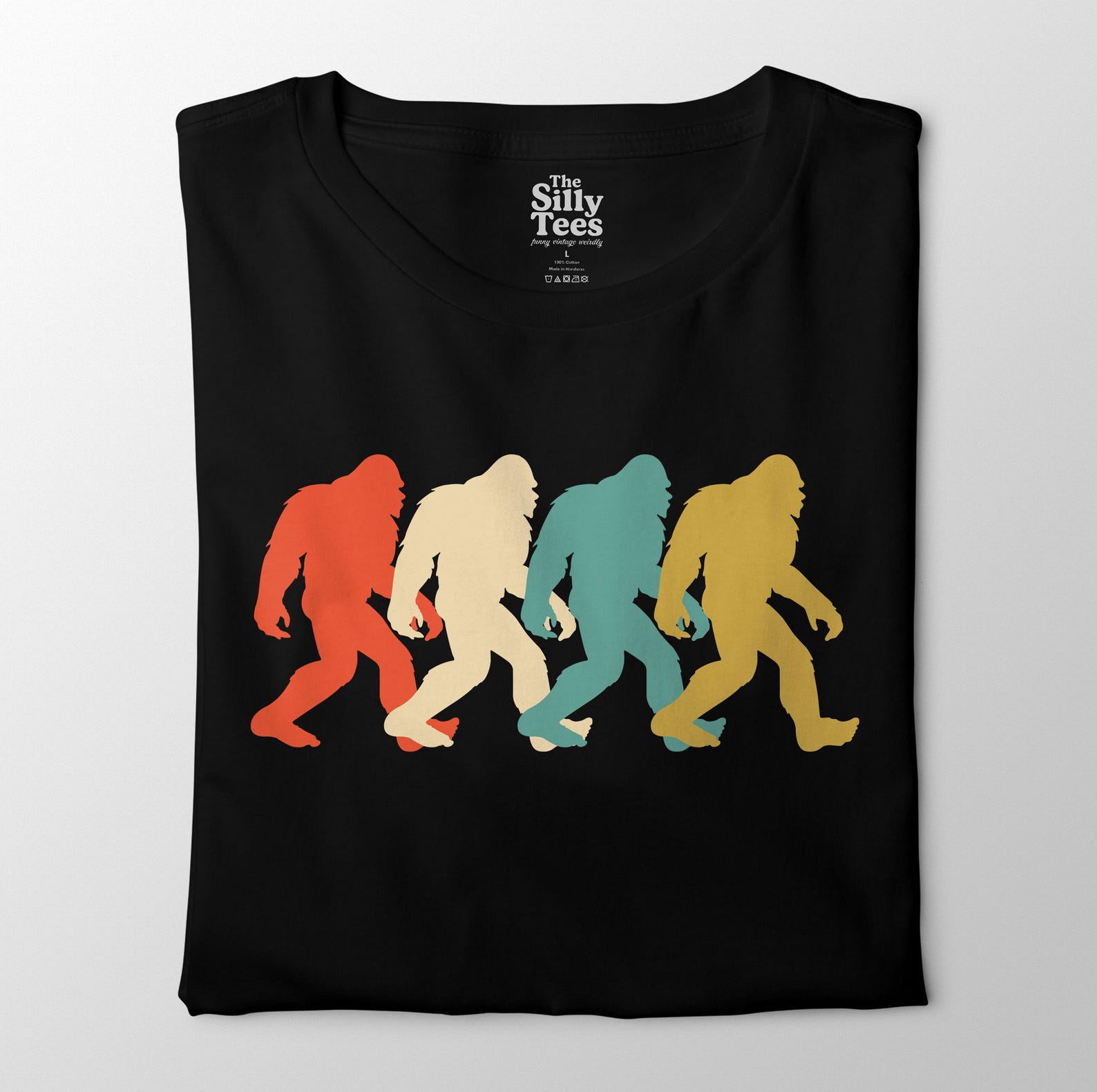 Retro Bigfoot Silhouette Tee, Colorful Sasquatch Walking T-Shirt, Vintage Style Cryptid Shirt S