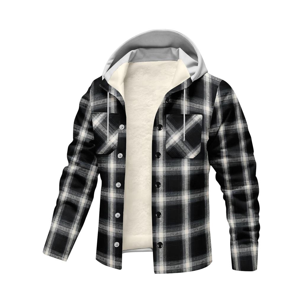 Men's Striped Plaid Casual Loose Button Lapel Long Sleeve Hooded Cardigan Shirt Jacket