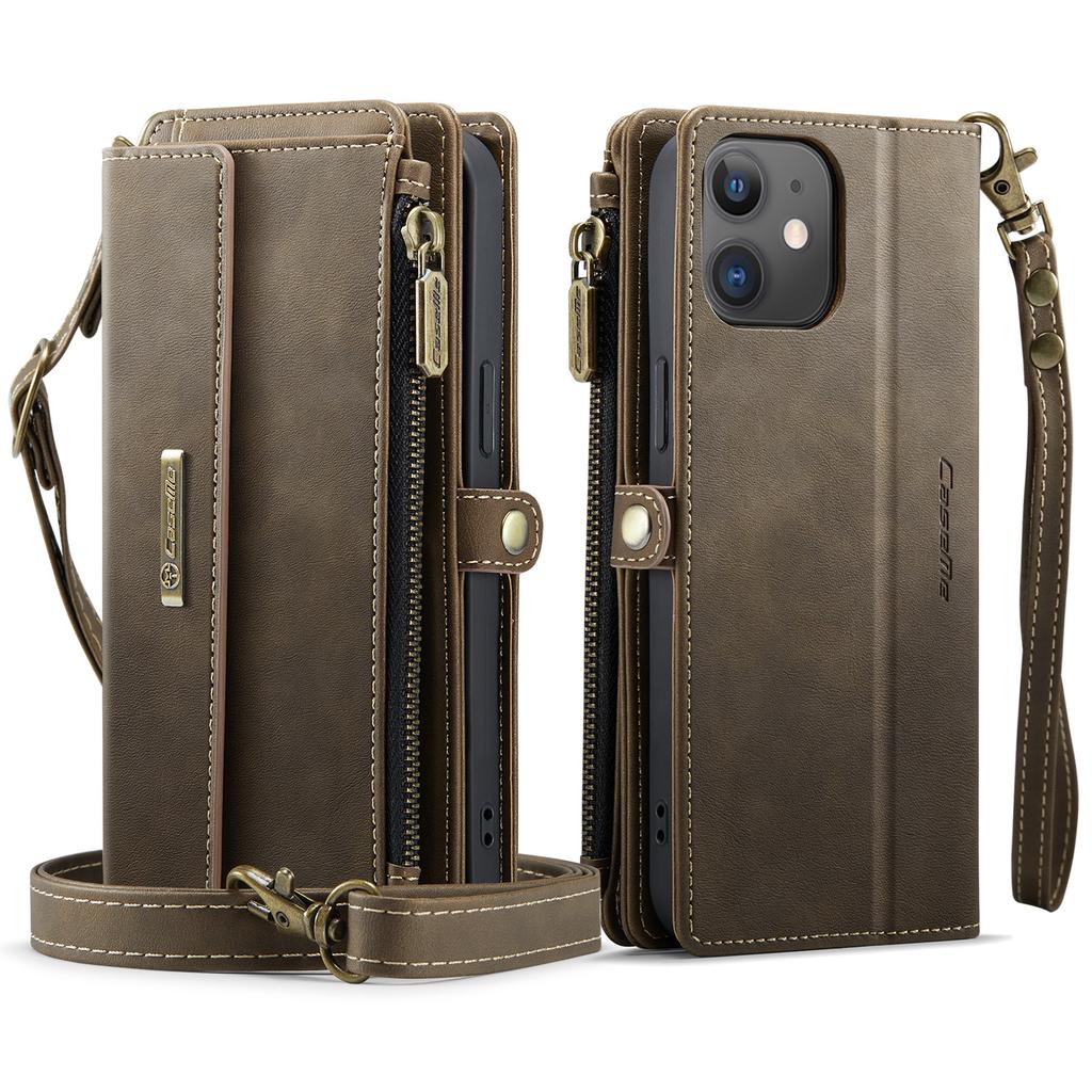 For iPhone 12 Mini 5.4 Inch Case CASEME C39 RFID Blocking Zipper Wallet Stand Leather Cover with Strap