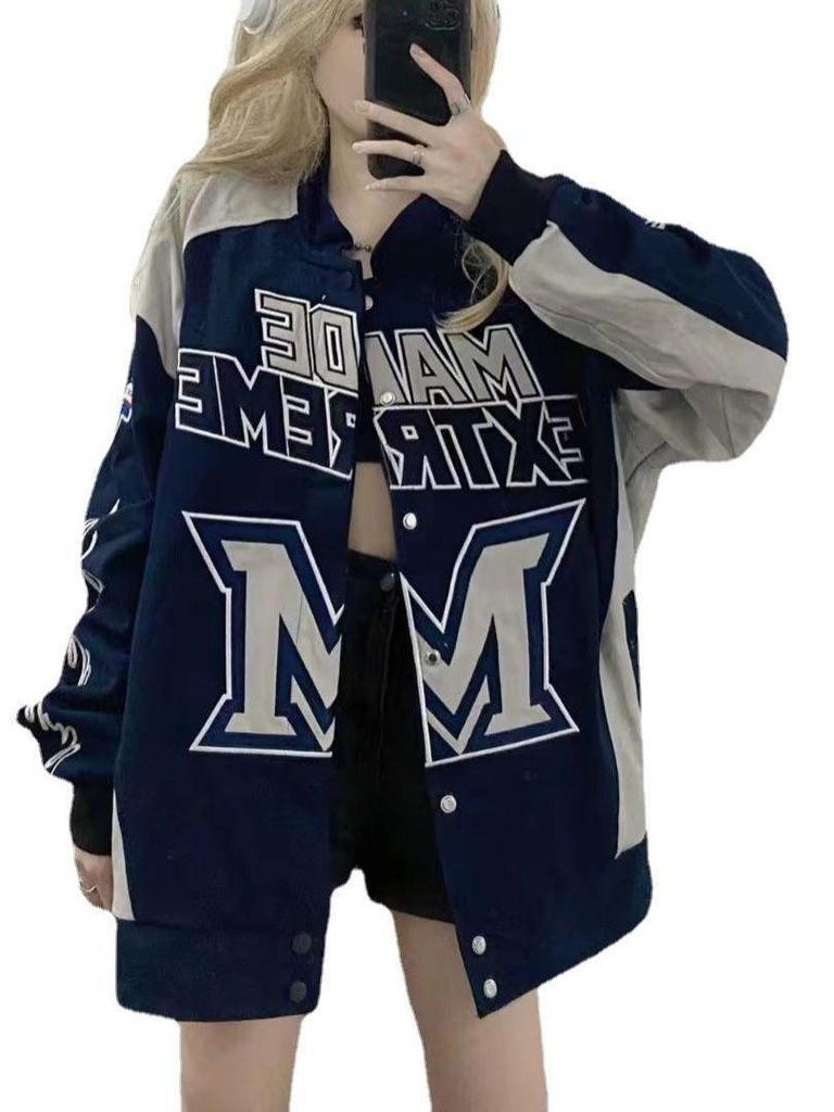 American Retro Racing Motorcycle Jacket: Unisex, Bold Color Block Design, Street Style, Loose Fit