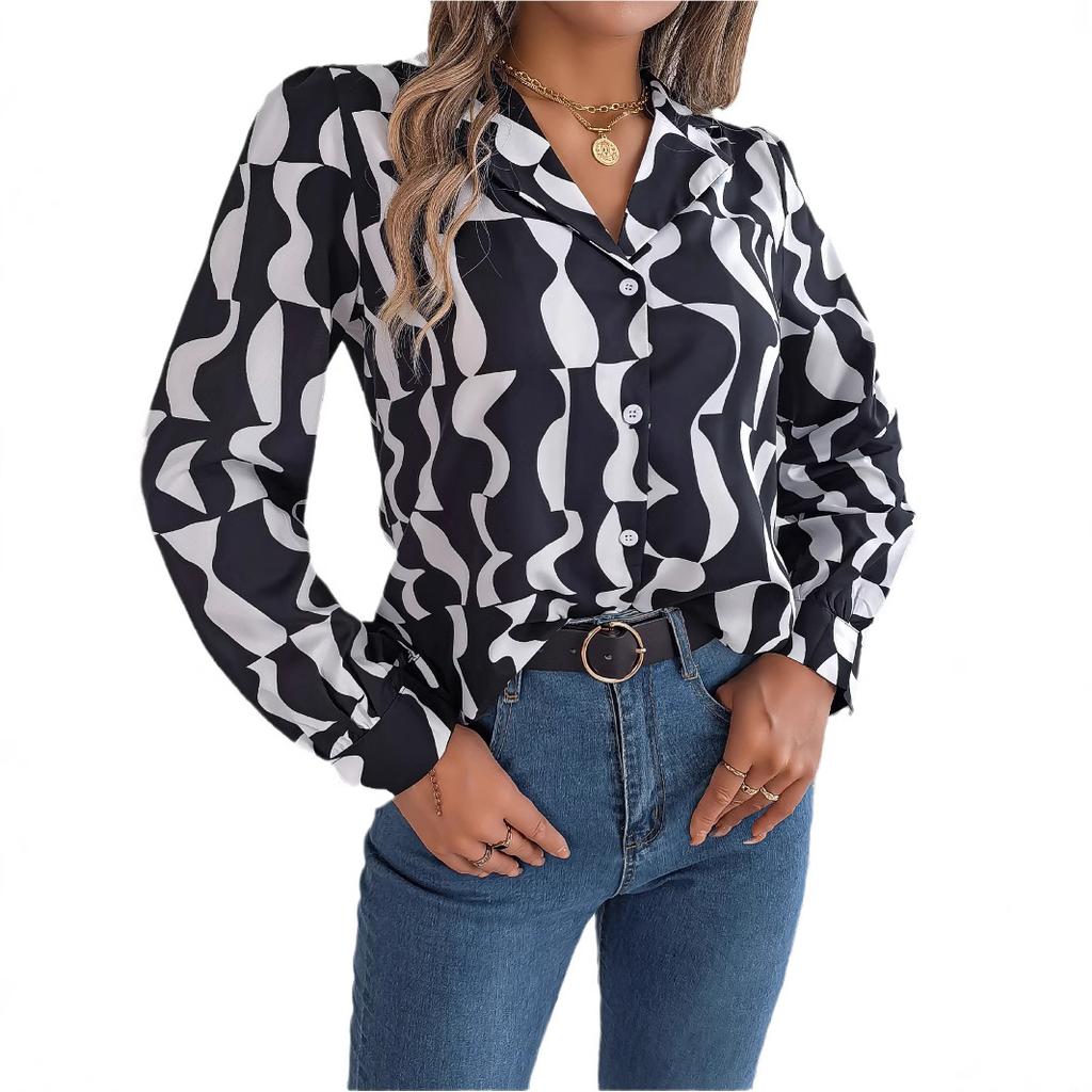 Women Abstract Print Collared Neck Long Sleeve Blouse