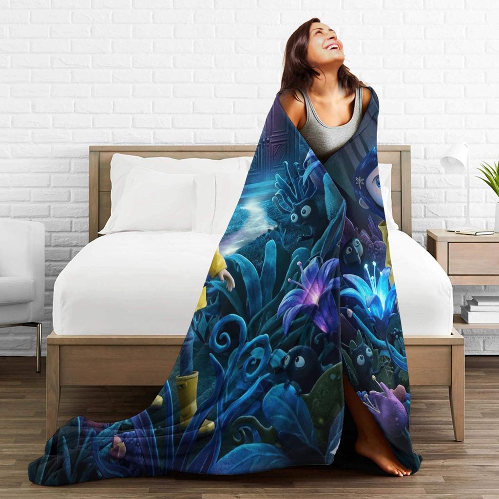 Warm Throw Blanket Plane Travel Horror Cartoon C-Coraline Blanket Flannel Bedspread For Sofa Home Novelty Sofa Bed Cover