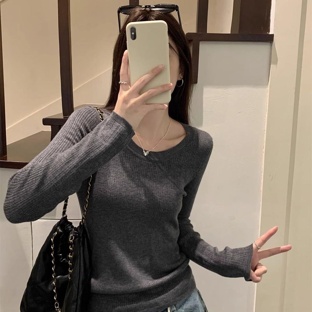 Korean Style Slim Fit Elegant Thin Round Neck Pullover Soft Knitwear Spring Base Layer Long Sleeve Versatile Top For Women