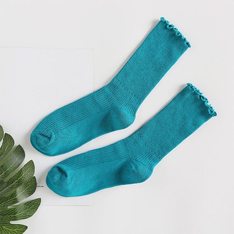Ruffle Ankle Socks for Women Cotton Soft Solid Color Ribbed Knitted Lettuces Edge Low Cut Middle Tube Frilly Crew Socks