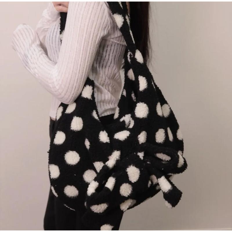 Fashion Polka Dot Hobo Bag Creative Bow Design Shoulder Bag Soft Plush Crossbody Bag Women Winter Large Capacity Commute Handbag