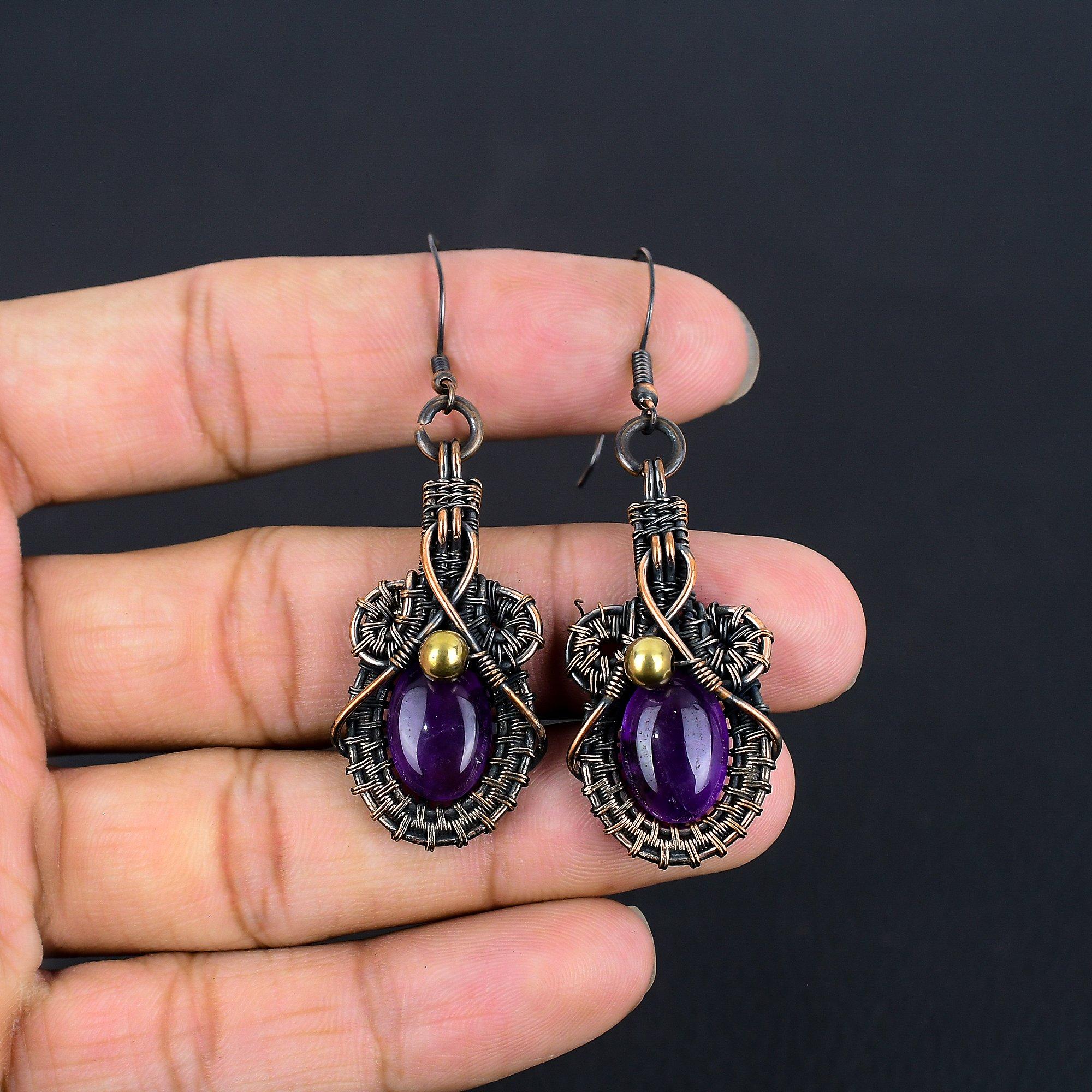 

Серьги с аметистом, ювелирные изделия из драгоценных камней, серьги, обмотанные медной проволокой 999 пробы, подарок для женщин, серьги ручной работы 1.77 Inches