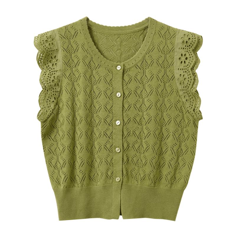 Women s Round Neck Sleeveless Hollow Knit Short Top M