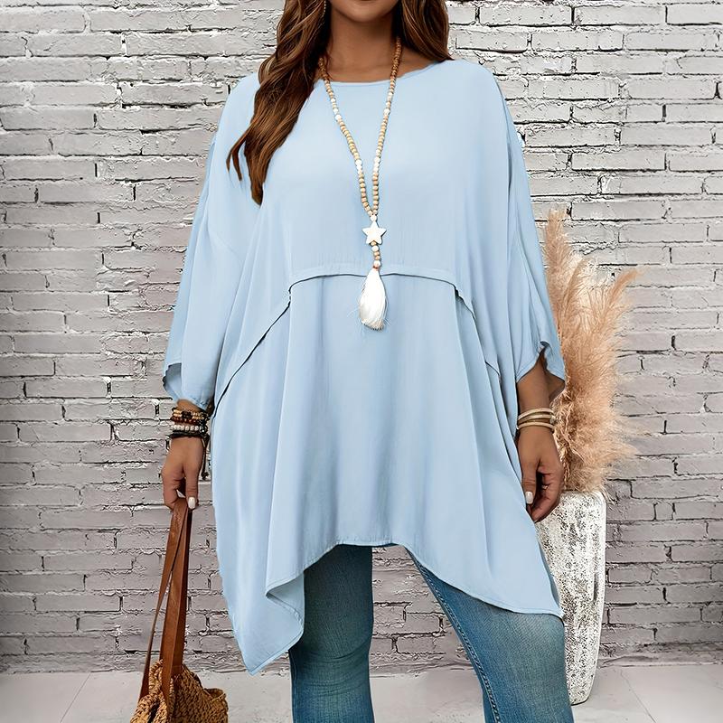 Women Plus Size Solid Color Asymmetric Hem Poncho Top Batwing Sleeve Loose Summer Blouse