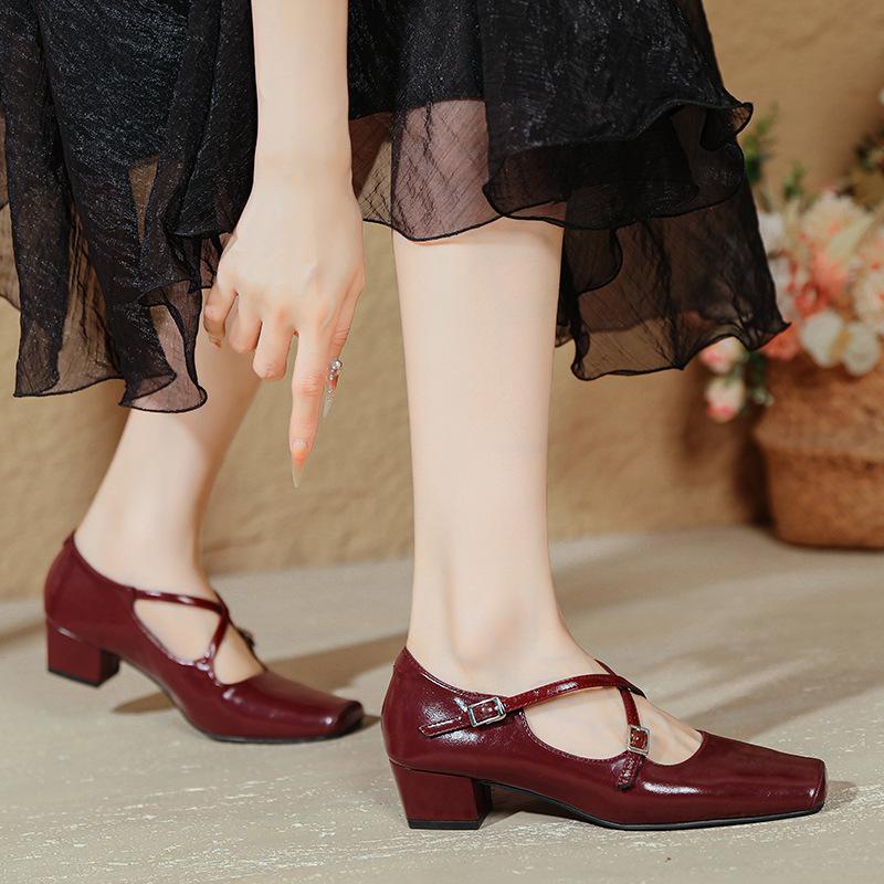 French Cross Strap Mid-heeled Shoes Small Square Toe Retro Women's Shoes Thick Heel Shallow Mouth High Heels