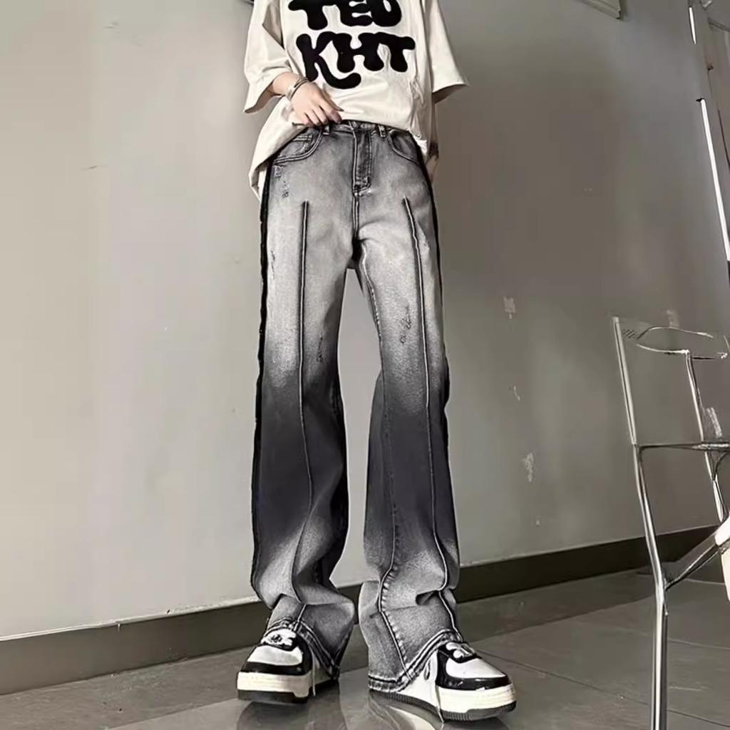 High street ro style dirty contrast color gradual change micro horn jeans men and women retro rough edge mopping wide leg pants