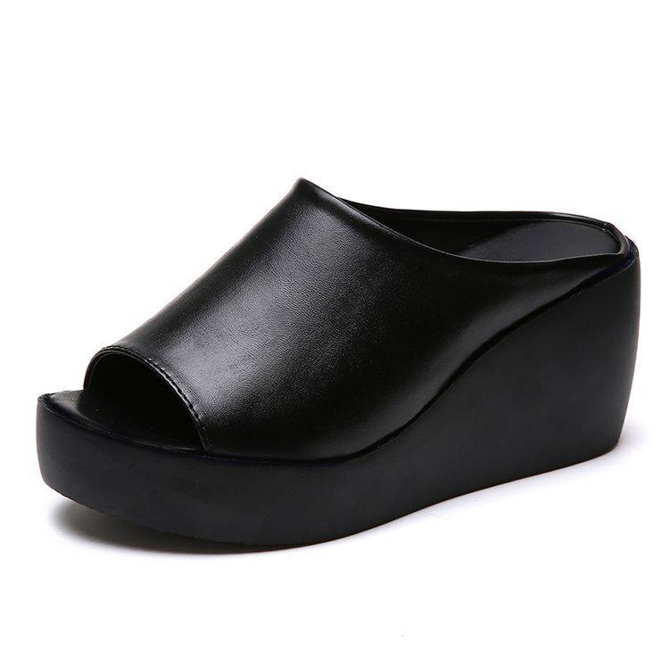 

Korean Platform Wedge Heel Women s Plus Size Solid Color One-Strap Beach Slippers 42 чорний
